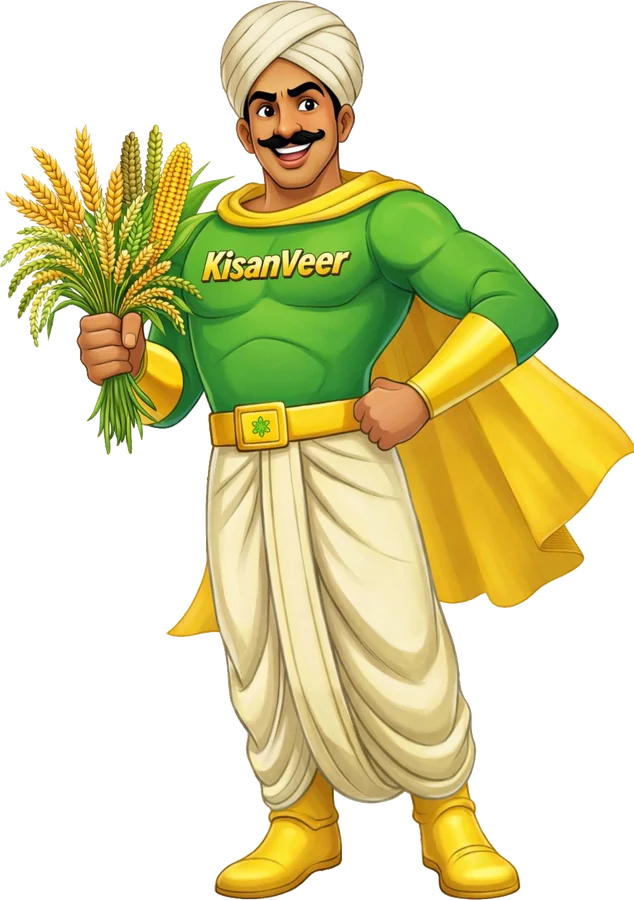Kisanveer, the Ashray Kisan mascot, standing with a bundle of wheat